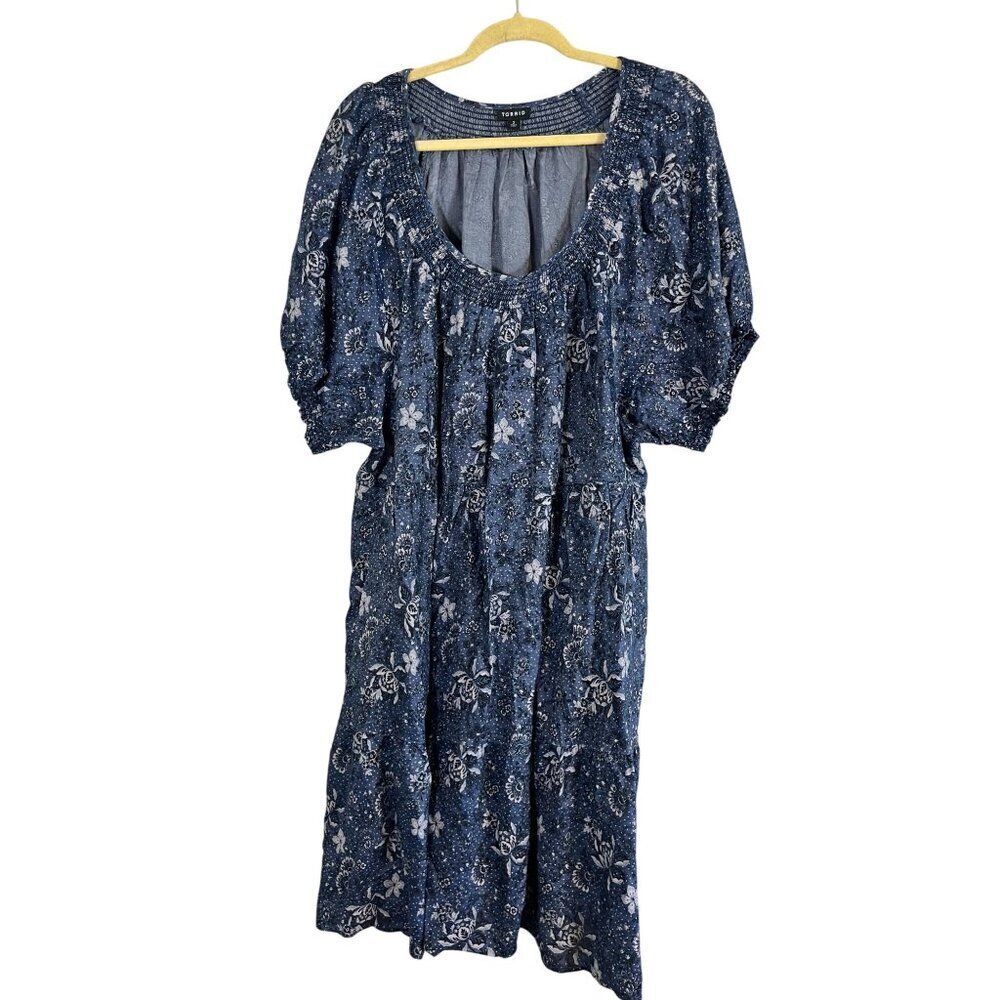Torrid Dress Milkmaid 2X Blue Floral Mini Chambray Puff Sleeve Smocked Feminine - Picture 3 of 16